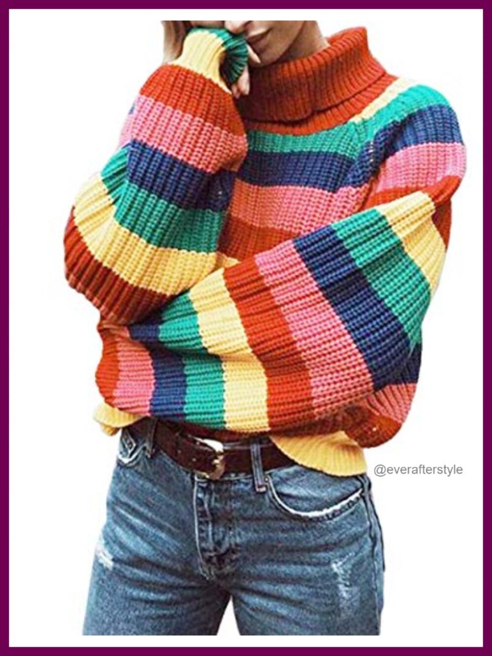 Women Chunky Knit Rainbow Striped Turtleneck Pullover Sweater